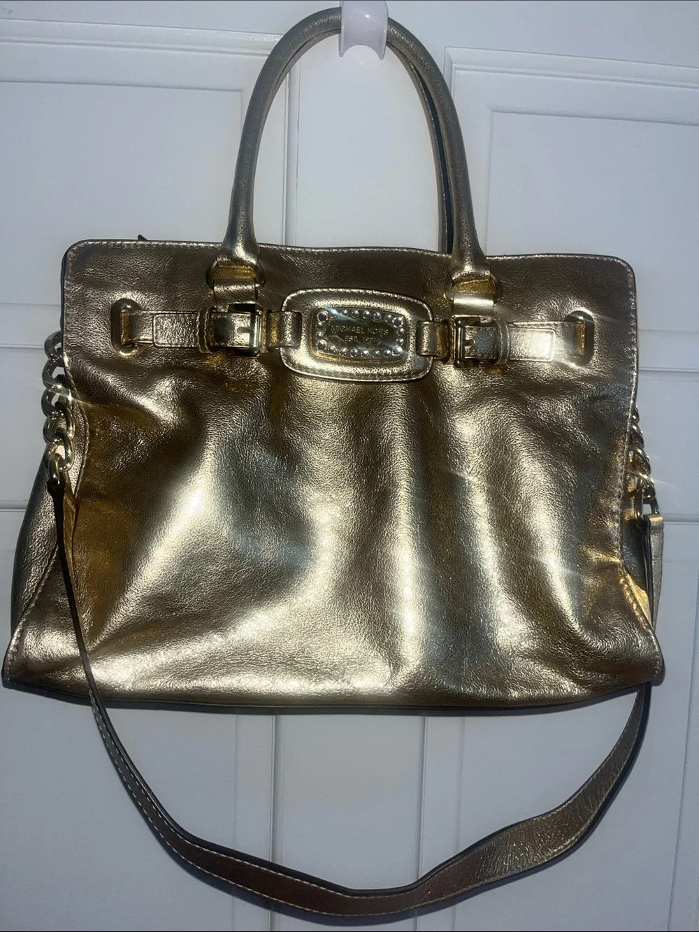 Michael Kors Metallic Gold Leather Tote with Chain-Detail Strap